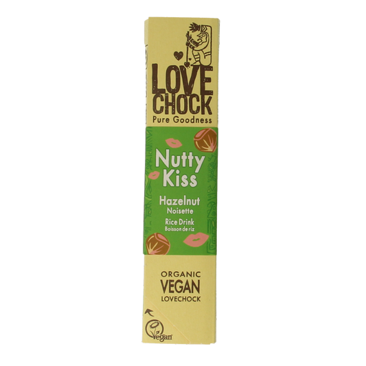 Lovechock Nutty Kiss organic chocolate snack in 40g, featuring a nutty, chocolatey treat with colorful packaging.