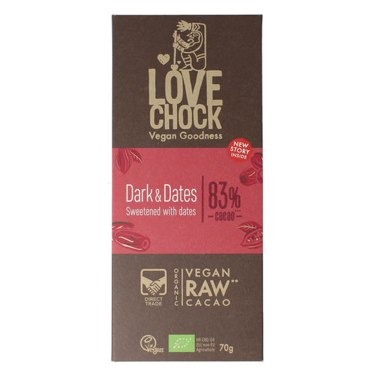 Lovechock Dark & Dates organic chocolate bar, 70g, showing the chocolate with date pieces and packaging.