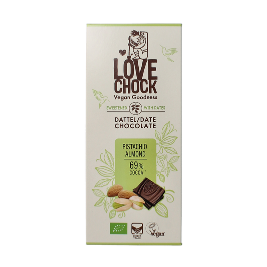 Lovechock Pistache almond organic chocolate bar, 70g, with visible pistache and almond pieces in dark chocolate