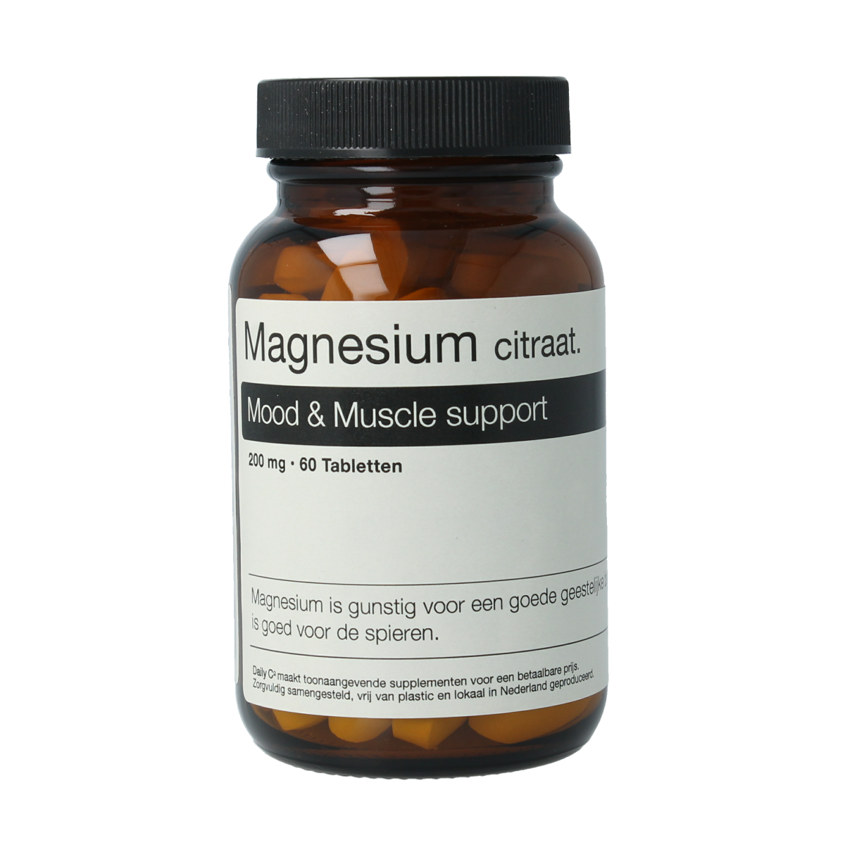 Daily Co Magnesium 200 tablets from Daily Co, mineral supplement with 60 tablets, showing the bottle and tablets inside.