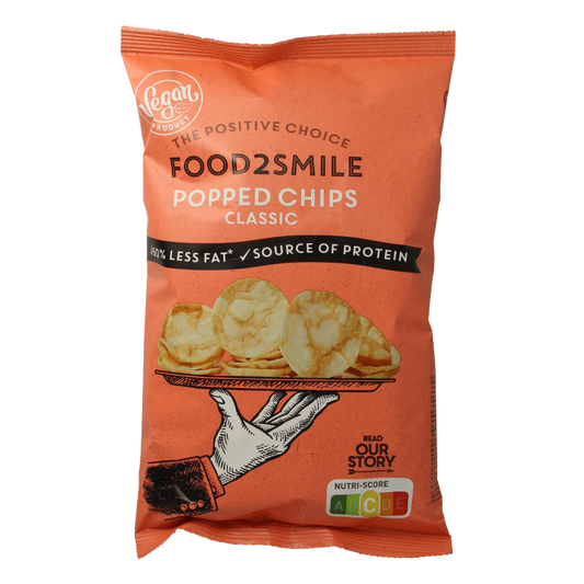 Food2Smile Popped Chips Classic with salt in a 90g bag, crispy snack featuring golden popped chips with salt seasoning.