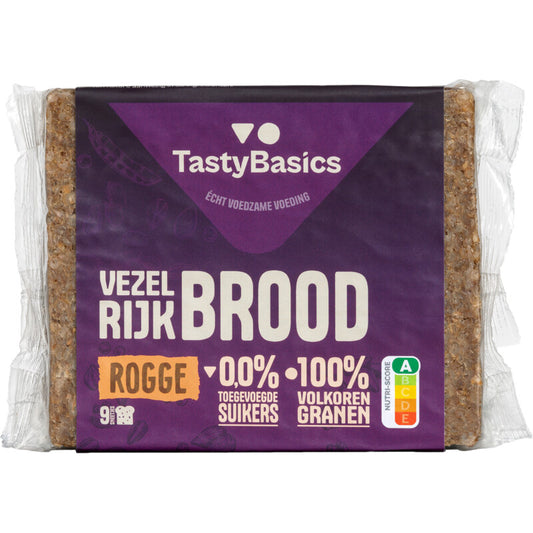 TastyBasics Roggebrood bread loaf, 500 grams, in a clear view showing its dense, dark rye crust and fresh baked texture.