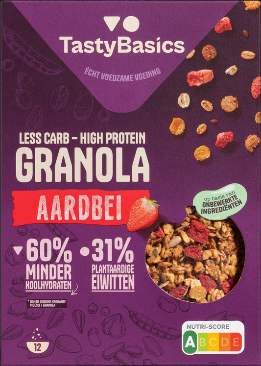TastyBasics less carb high protein granola with strawberry flavor in 350g package, breakfast cereal with fresh strawberries and crunchy oats.