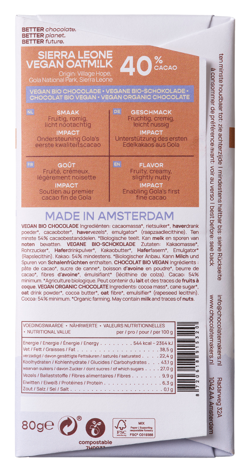 Chocolatemakers Little bee eather 40% vegan bio 80 Gram