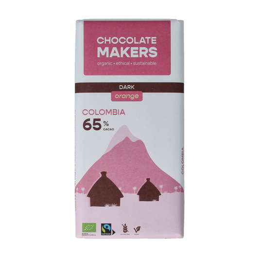 Chocolatemakers Colombia dark chocolate bar with 65% cacao, organic, 80 grams, showing the chocolate wrapper and branding.