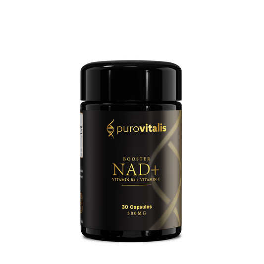Purovitalis NAD+ Booster capsules, dietary supplement with 30 capsules for energy and vitality support.