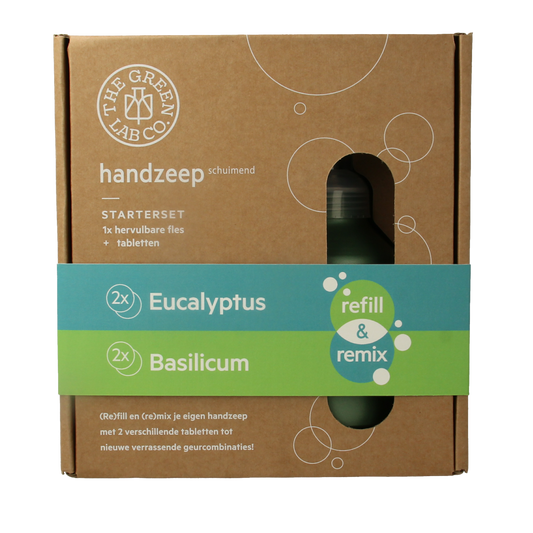 The Green Lab Co Handzeep premium hand care set with eucalyptus and basilicum, featuring bottles of hand soap and skincare products.