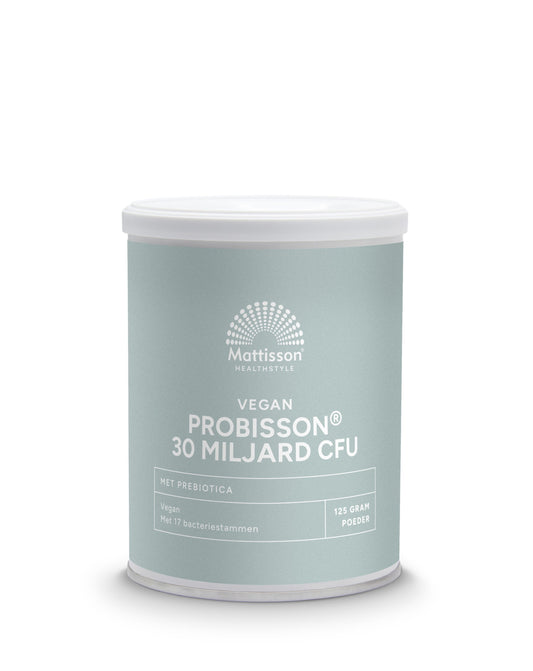 Mattisson Probisson probiotic powder with 30 billion CFU and prebiotics in a 125g package, showing the powder and packaging.