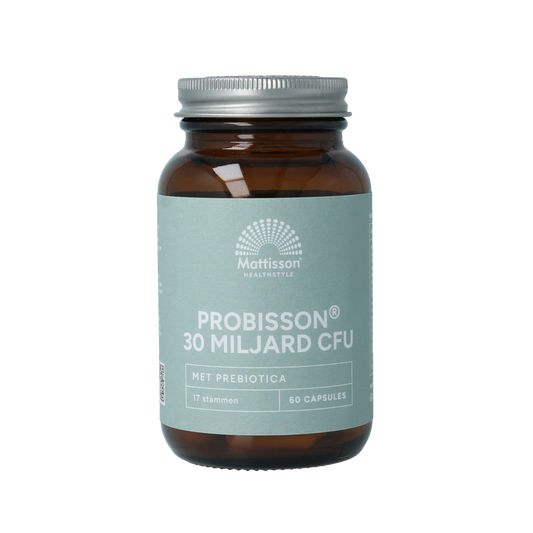 Mattisson Probisson 30 miljard CFU probiotic capsules with prebiotics, showing the bottle and capsules inside.