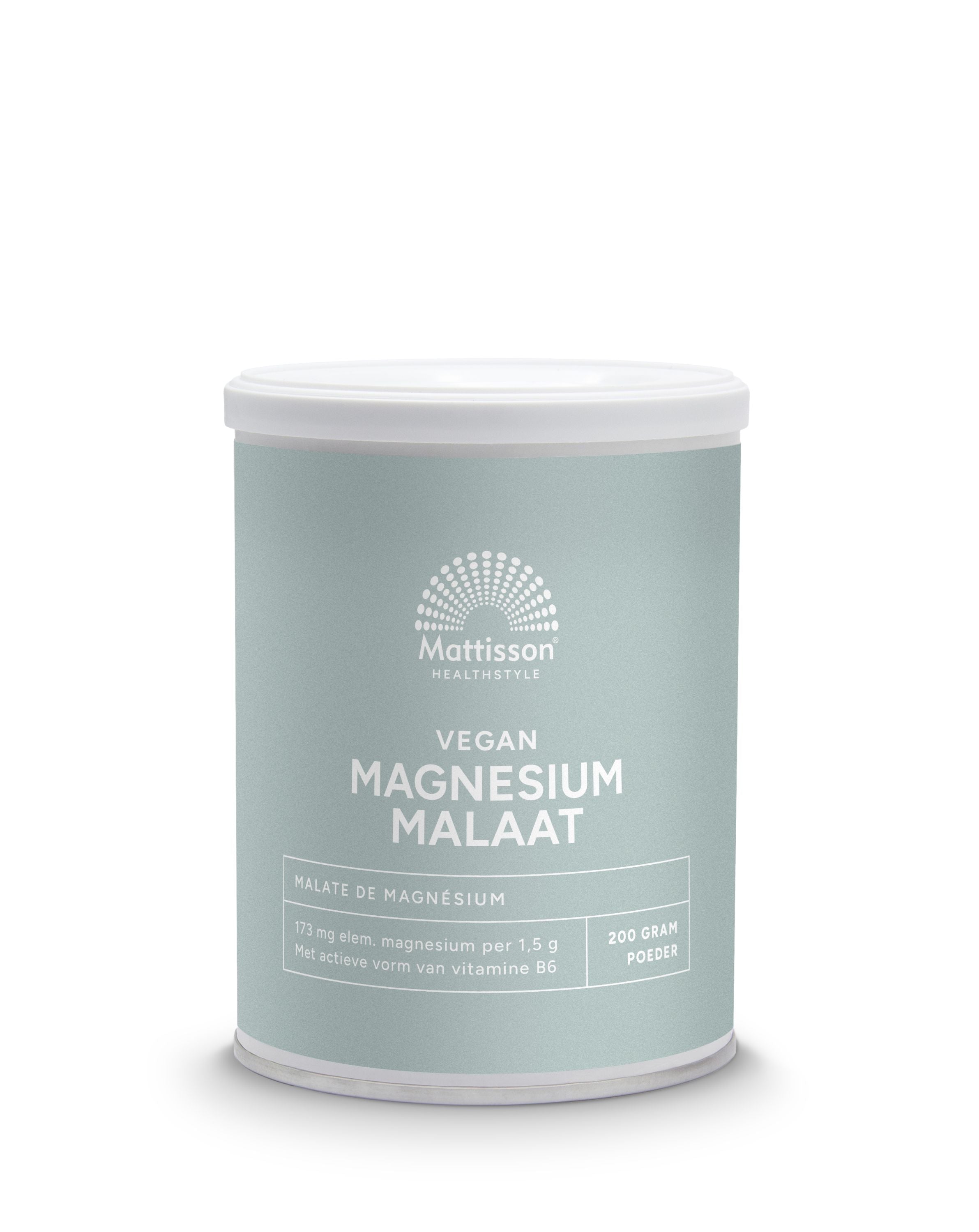 Mattisson Magnesium Malate with active B6, 200g mineral supplement showing the powder in a container.