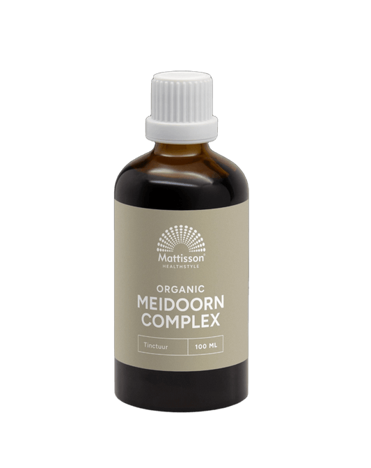 Organic Mattisson Meidoorn complex tincture in a 100ml bottle, herbal preparation with natural meidoorn extract.