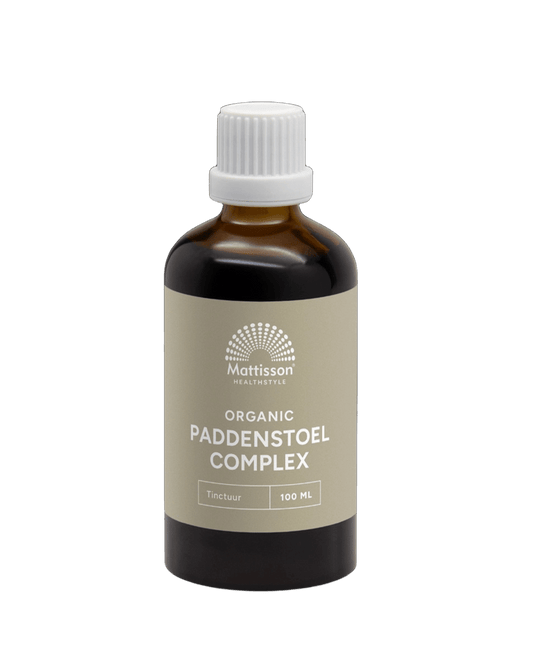 Mattisson Organic mushroom complex tincture in a 100ml bottle, featuring a label with mushroom illustrations and herbal branding.