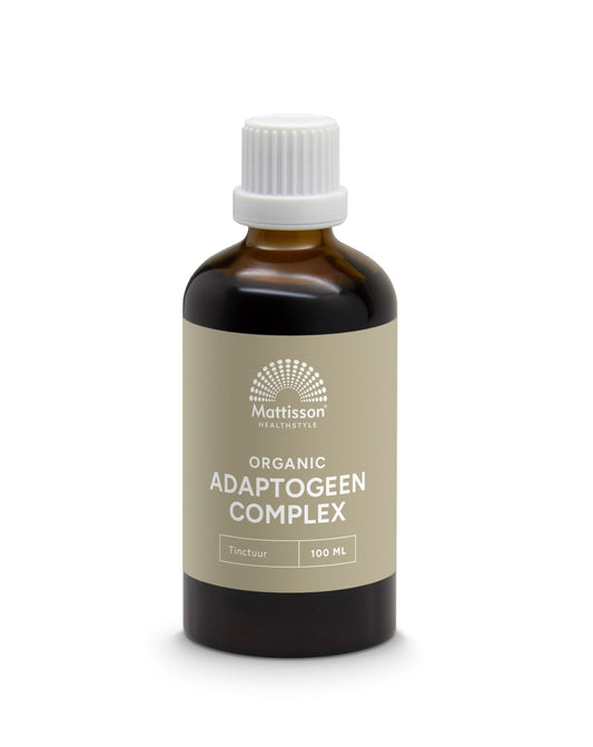 Mattisson Organic adaptogen complex tincture in 100ml bottle, herbal supplement for wellness and natural health.