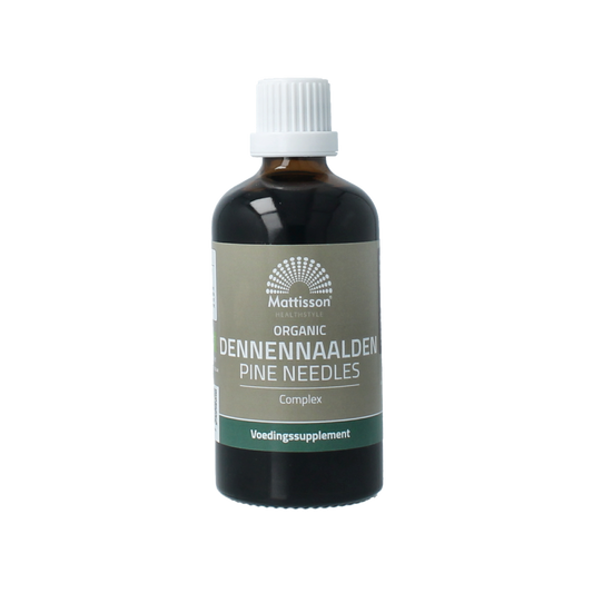 Mattisson Organic Dennennaalden complex tinctuur in 100ml bottle, herbal supplement with botanical ingredients, natural remedy.