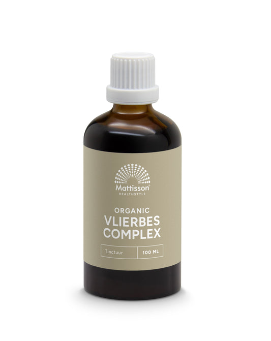 Mattisson Organic Vlierbes Complex tincture bottle, herbal supplement in 100ml amber bottle, with label and dropper cap.