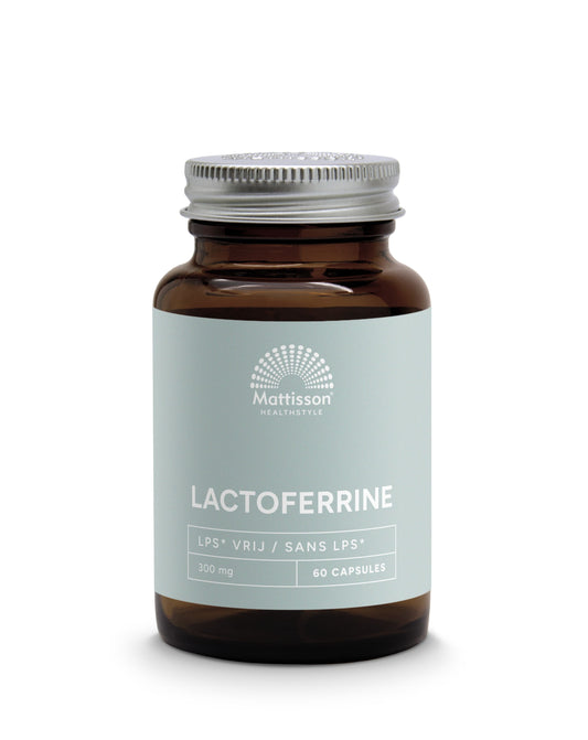Mattisson Lactoferrine 95% vegetarian capsules, 300mg, shown in a bottle with capsules inside, dietary supplement for immune health