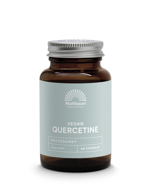 Vegetarian capsules of Mattisson Quercetine 250mg with phytosome technology, displayed in a clear container.
