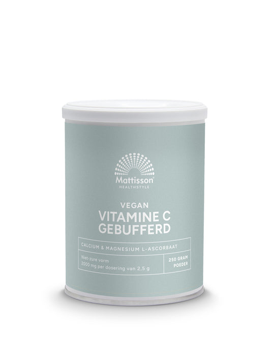 Mattisson Vitamin C buffered calcium and magnesium ascorbate supplement in 250g jar, showing the product container and label.