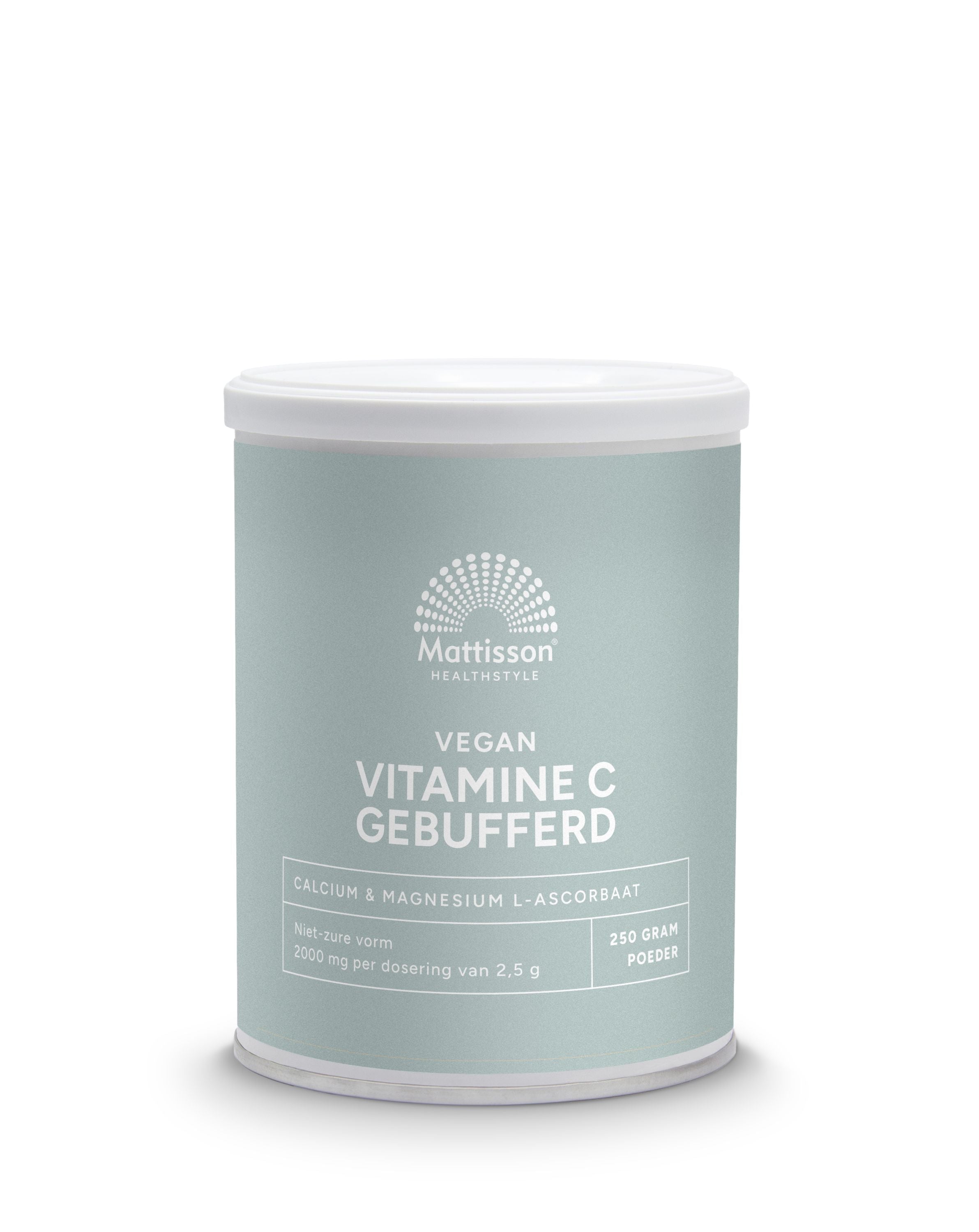 Mattisson Vitamine C gebufferd calcium & magnesium ascorbaat supplement, 250g jar with vitamin Enkel packaging.