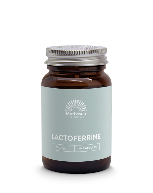 Mattisson Lactoferrine 95% 500mg capsules, mineral supplement in a clear bottle with capsules visible inside.
