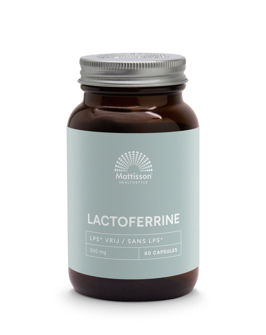 Mattisson Lactoferrine 95% 500mg mineral capsules, 60 softgels, showing the bottle and capsules against a white background.