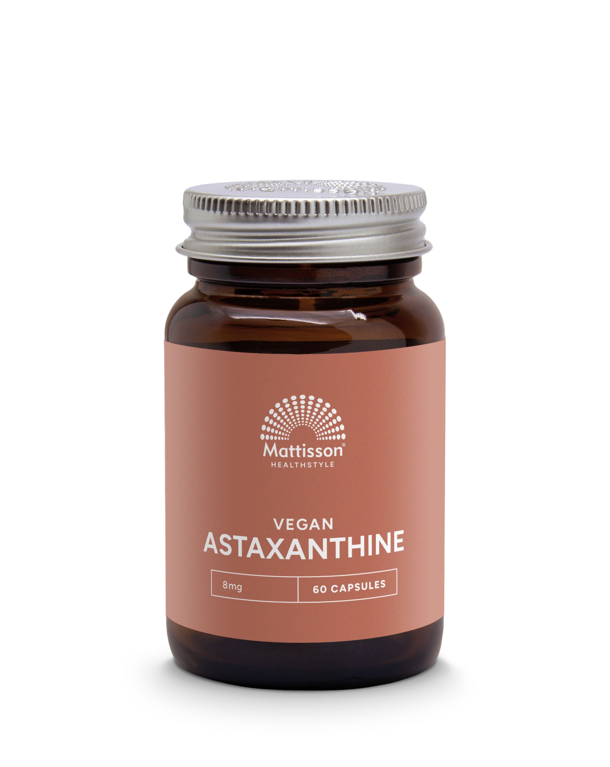 Mattisson Vegan Astaxanthine 8mg herbal capsules, vegetarian dietary supplement in clear bottle with label.