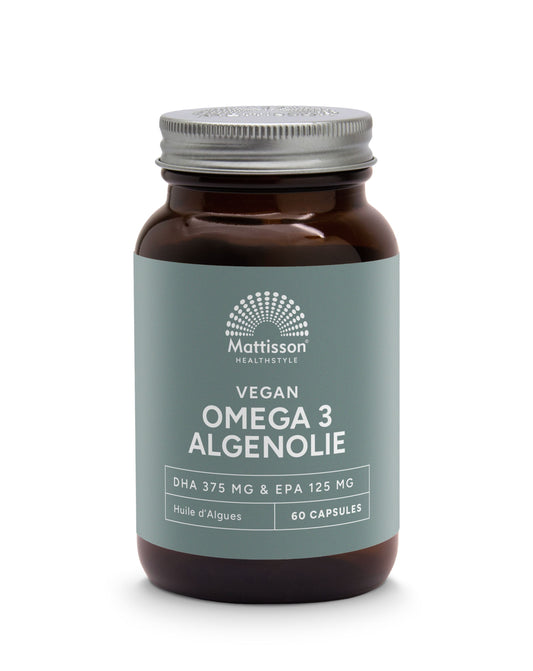 Mattisson Vegan Omega 3 Algenolie softgels bottle with 60 capsules, showing the product label and softgel capsules inside.