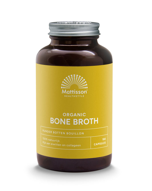 Mattisson Organic Beef Bone Broth capsules in a bottle, showcasing the supplement packaging and capsules inside.