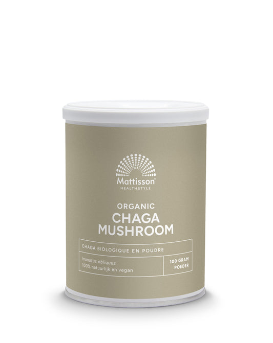 Organic Mattisson Chaga mushroom powder in a 100g package, natural herbal supplement for wellness and immune support.