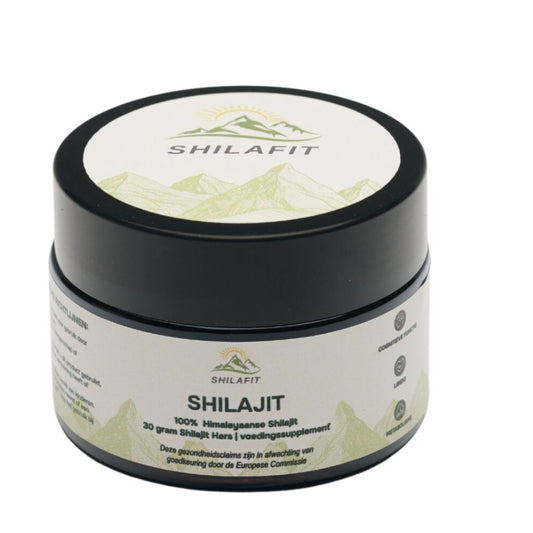 Shilafit Shilajit resin mineral supplement in 30g jar, showing dark, sticky resin with natural mineral textures