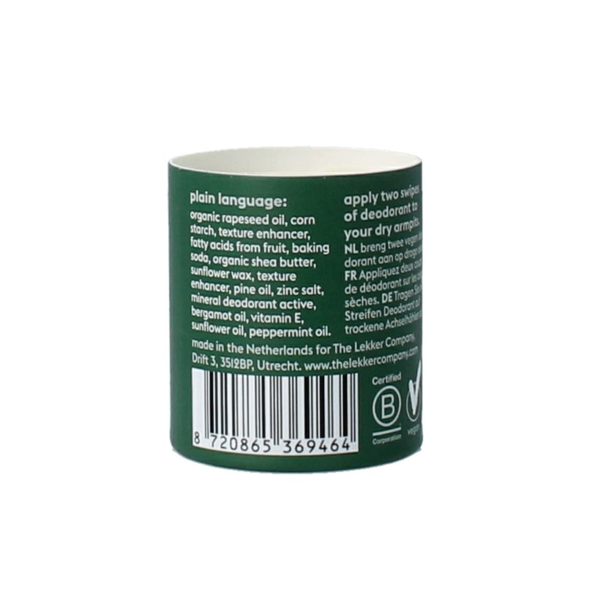 Lekker Company Deodorant refill be active 40g container, natural deodorant product with clean packaging and branding.