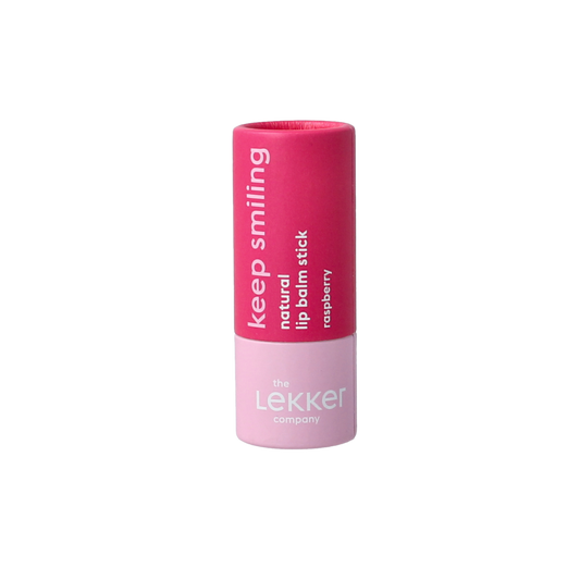 Lekker Company raspberry lip balm stick, 7g, moisturizing lip care product with raspberry flavor and natural ingredients.
