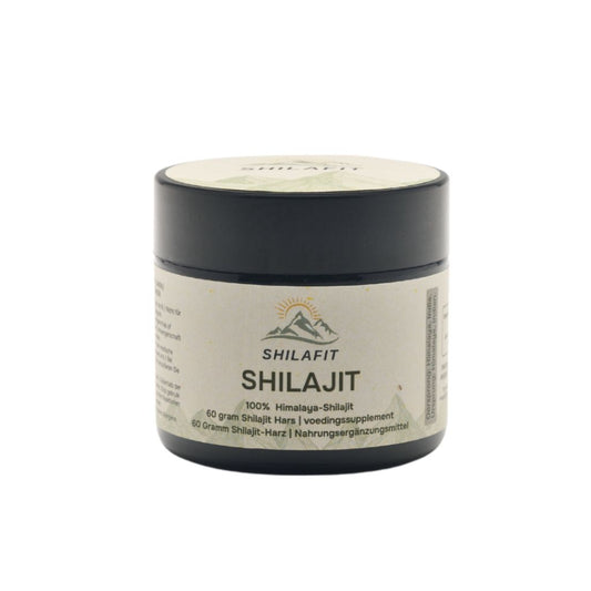 Shilafit Shilajit resin, 60 grams, mineral supplement with dark, sticky resin in a clear container, natural health product.