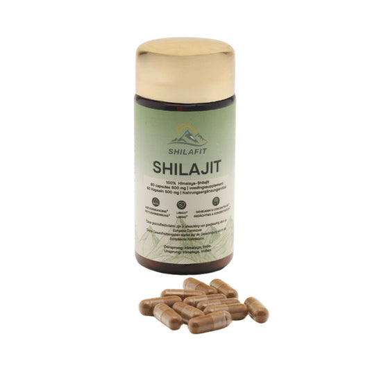 Shilafit Shilajit 500mg capsules, a herbal supplement in a bottle, showing the product label and capsules inside.