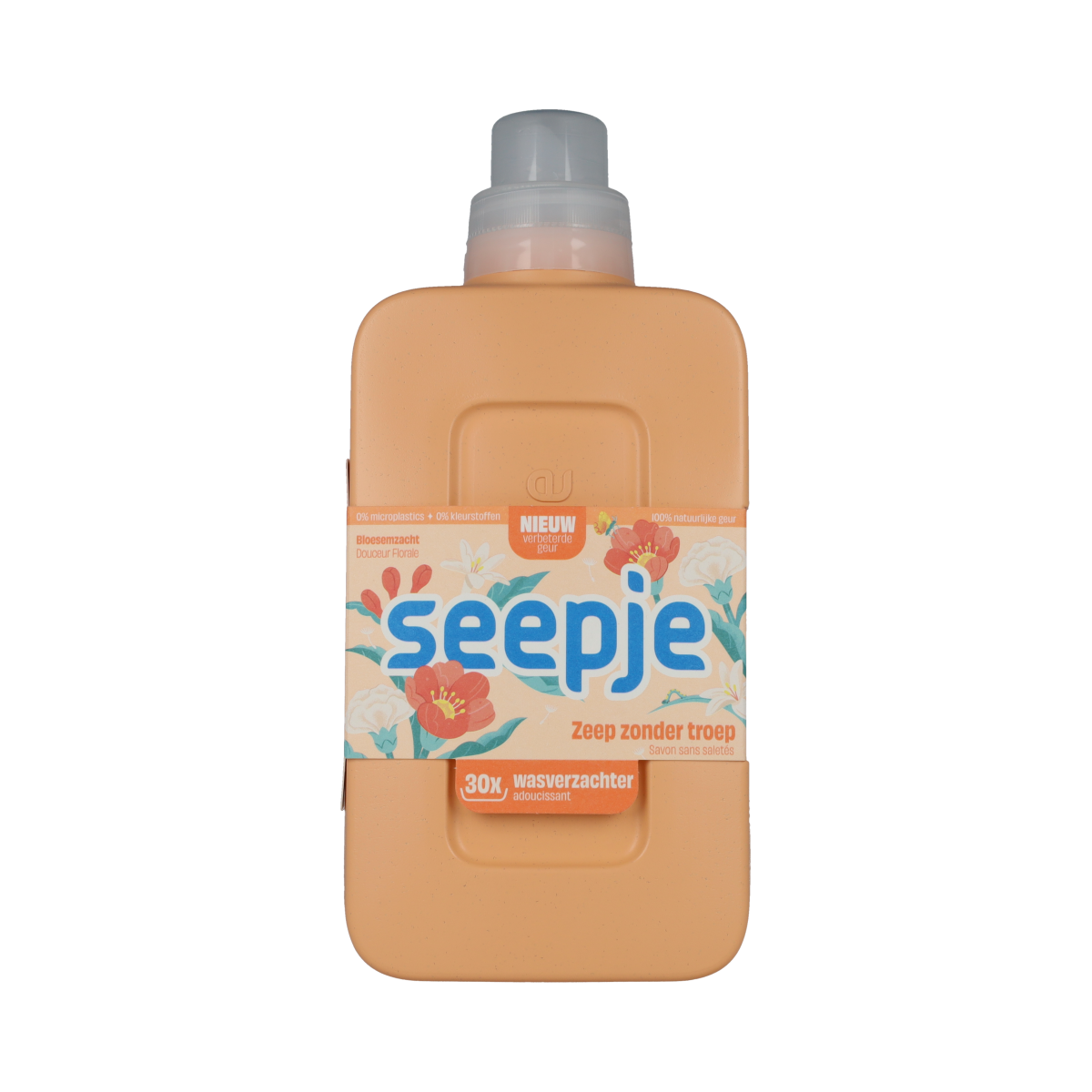 Seepje bloemenzacht fabric softener bottle, 750ml, with a clear label showing the Seepje brand and floral design on the packaging.