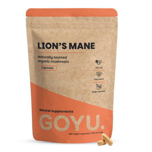 Goyu Lion's Mane Capsules 500mg vegetarian dietary supplement in a clear bottle with label, 60 capsules.