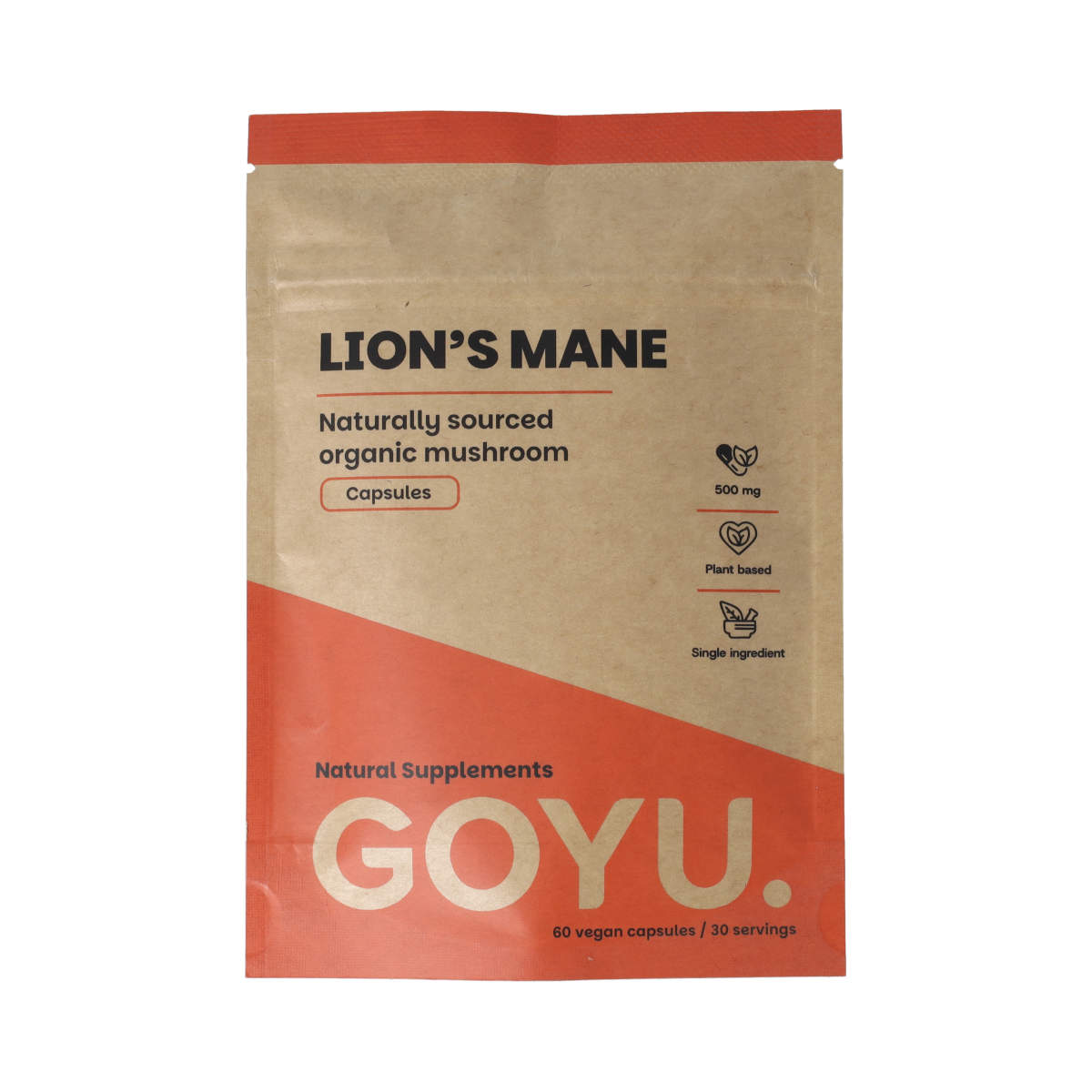 Goyu Lion's Mane Capsules 500mg vegetarian supplement, 60 capsules, dietary supplement with mushroom extract in a bottle