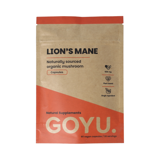 Goyu Lions Maine 500mg bio vegetarian capsules, dietary supplement with herbal ingredients, in a clear bottle with label.