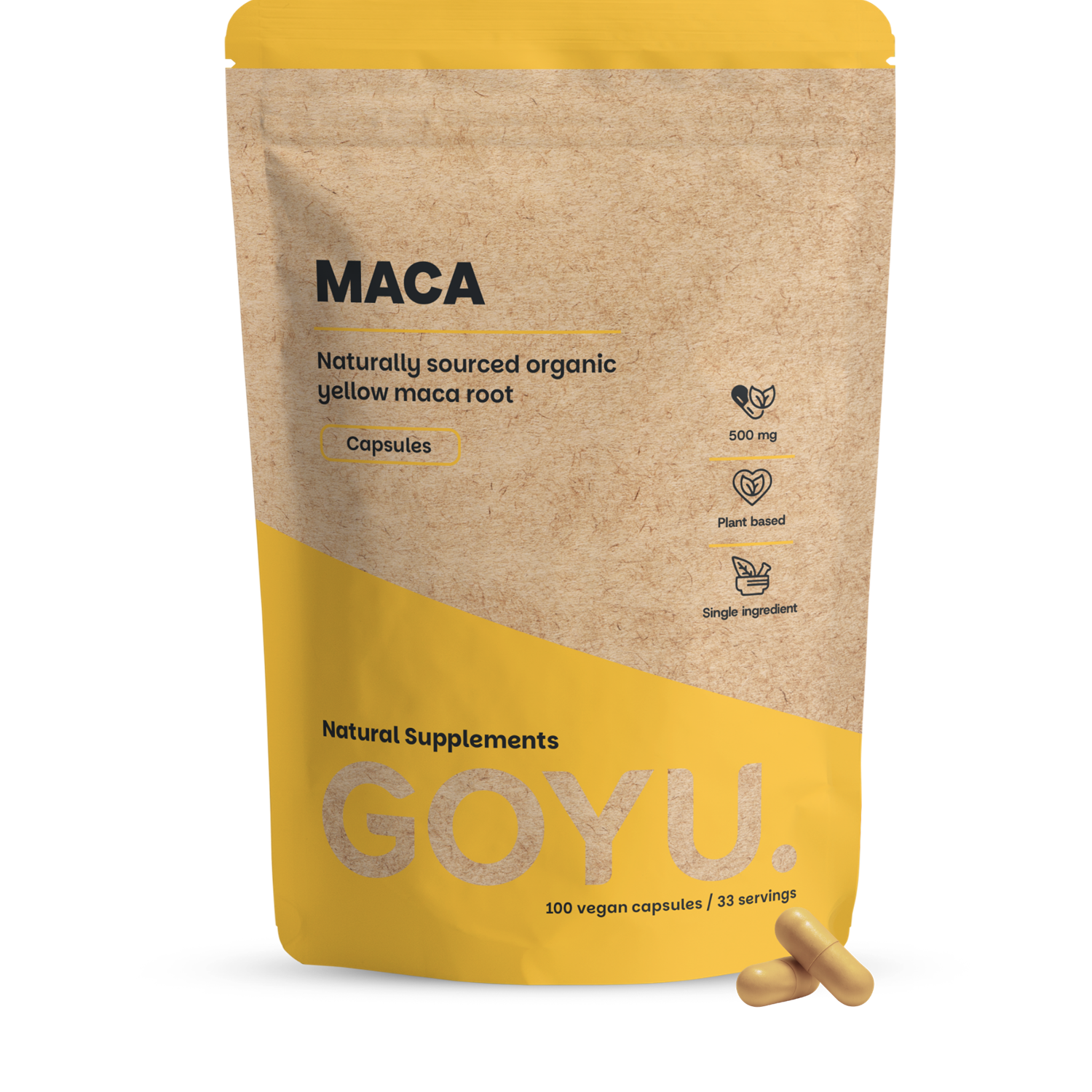 Goyu Maca 500mg bio herbal capsules, natural supplement in a bottle of 100 capsules, showcasing the product packaging.