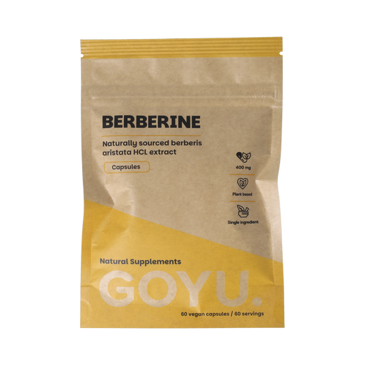 Goyu Berberine extract 400mg vegetarian capsules, dietary supplement for health support, in a bottle with capsules visible