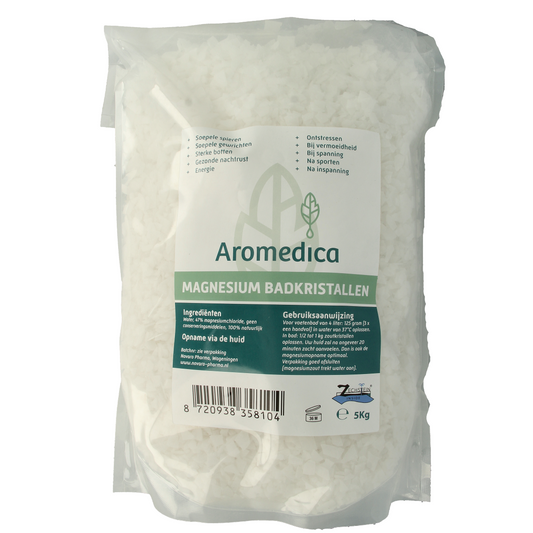 Aromedica magnesium bath crystals in a 5kg bag, designed for relaxing bath and shower use with natural mineral ingredients.