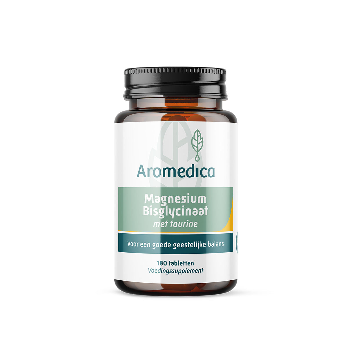 Aromedica Magnesium bisglycinaat mineral tablets in a bottle, dietary supplement for muscle relaxation and overall health.