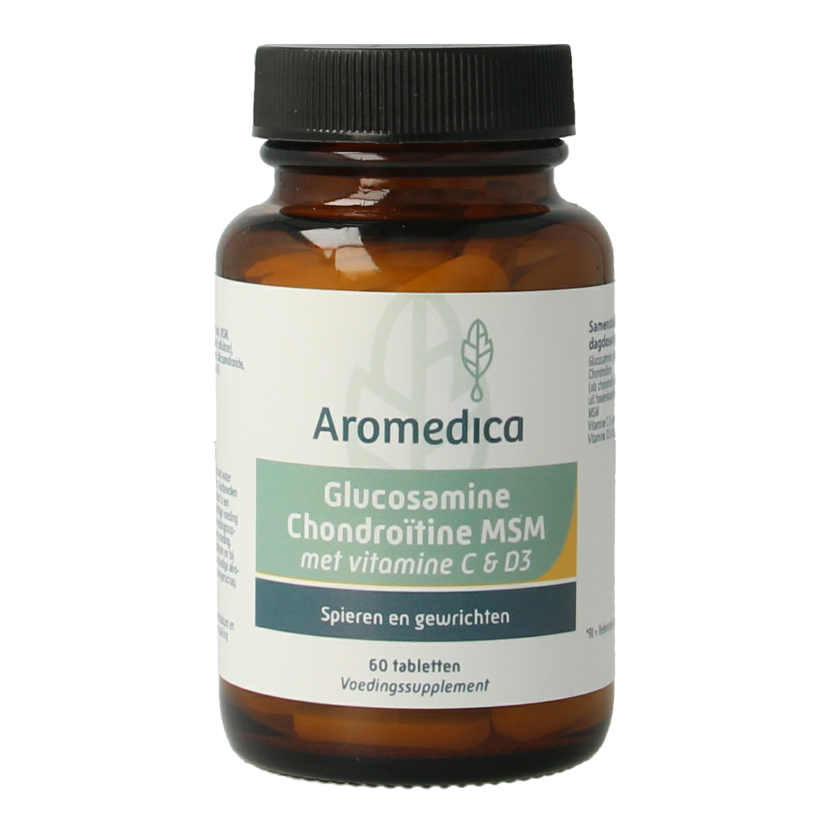 Aromedica Glucosamine chondroitine MSM mineral supplement tablets, showing a bottle of 60 tablets on a white background.