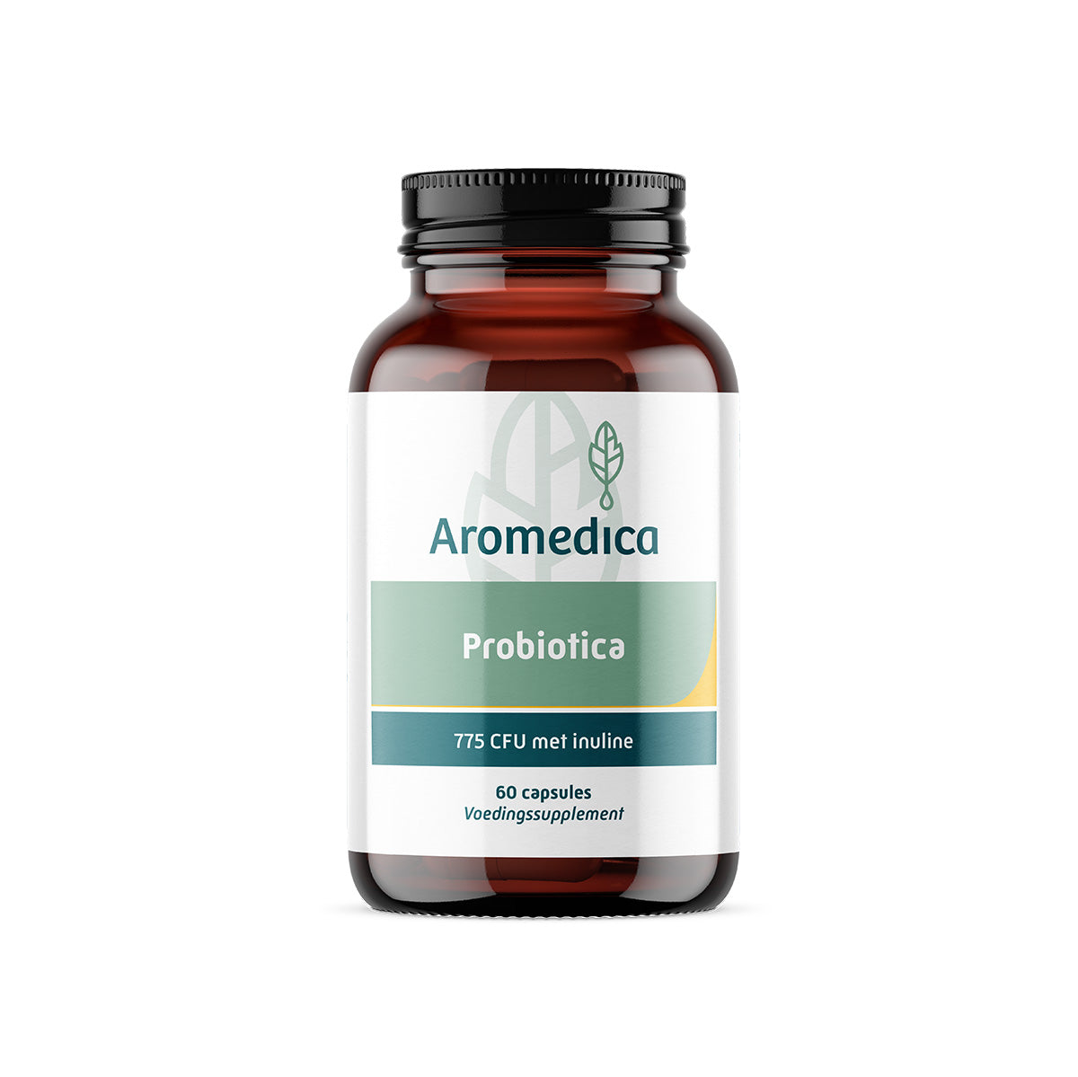 Aromedica Probiotica 775M CFU with inulin capsules, featuring micro-organisms for digestive health, in a clear container.