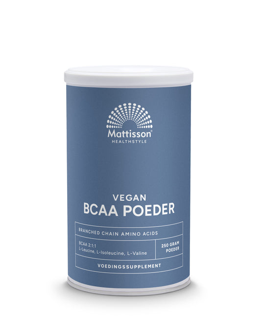 Mattisson Vegan BCAA 2:1:1 amino acid powder in a 250g container, showing the product packaging and label.