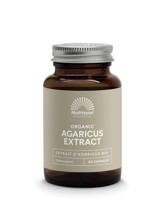 Mattisson Agaricus extract capsules, 400mg bio, natural herbal supplement in a bottle with 60 capsules.