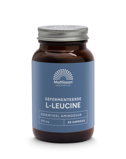 Vegetarische capsules van Mattisson Gefermenteerde L-Leucine 500mg, 60 stuks, aminozuren supplement in een witte capsule.