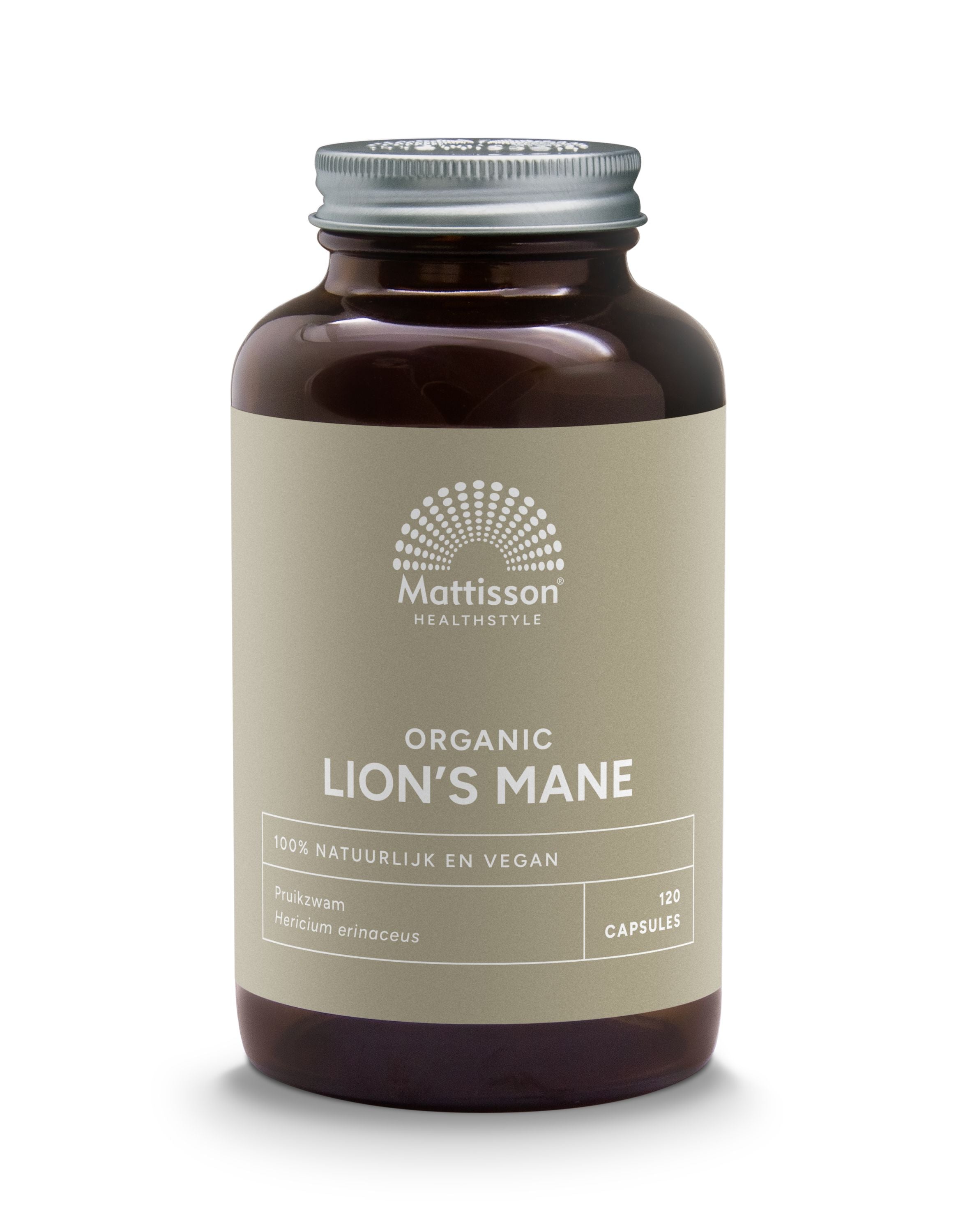 Mattisson Lion's Mane 500mg herbal capsules, vegetarian supplement in a clear bottle, highlighting the product's natural ingredients.