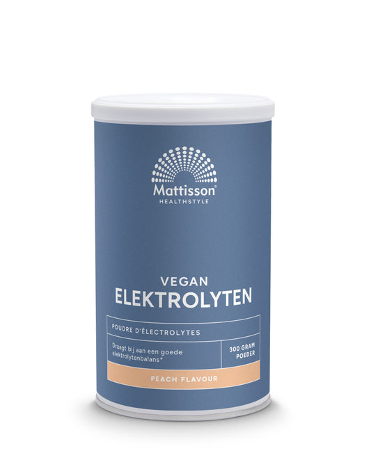 Mattisson Elektrolyten poeder perzik in 300g verpakking, raw superfood powder with peach flavor, ideal for hydration and wellness.