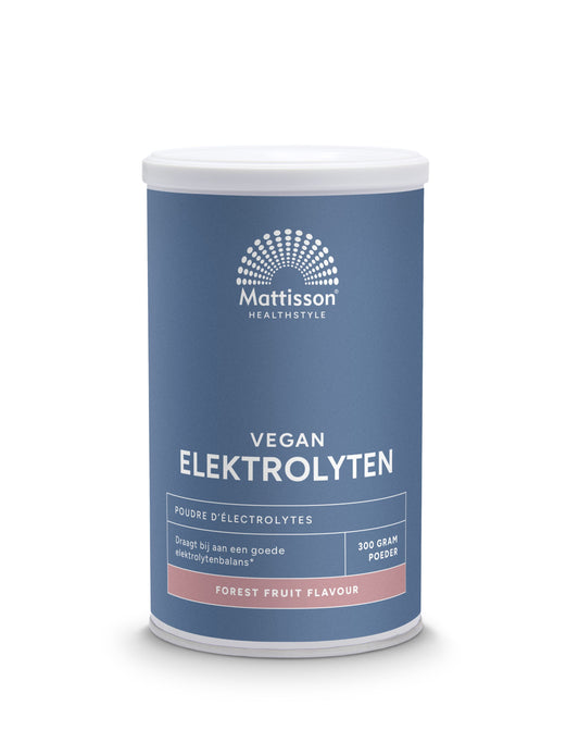 Mattisson Elektrolyten poeder in forest fruit flavor, 300g jar, raw superfood supplement with colorful fruit powder inside.